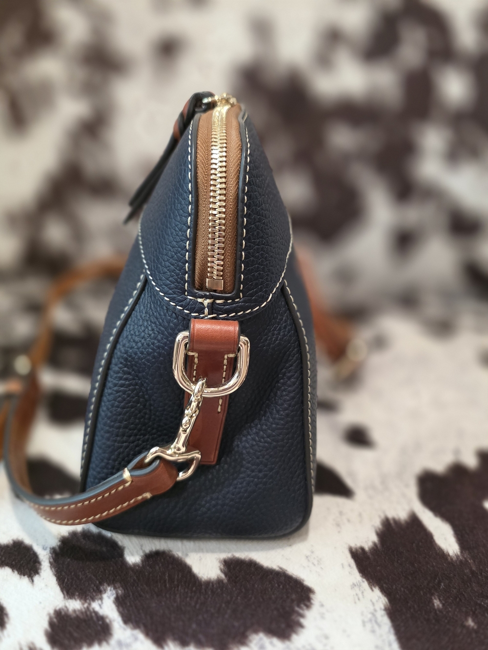 Dooney & Bourke Navy Pebbled Leather Crossbody with Tan Strap - Picture 3 of 11